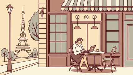 Woman working on laptop at Paris caf&eacute; with Eiffel Tower view in springtime