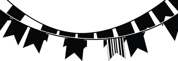 Festive black bunting banner illustration creates a celebratory atmosphere with hanging flags, perfect for party decorations, event designs, and graphic elements.
