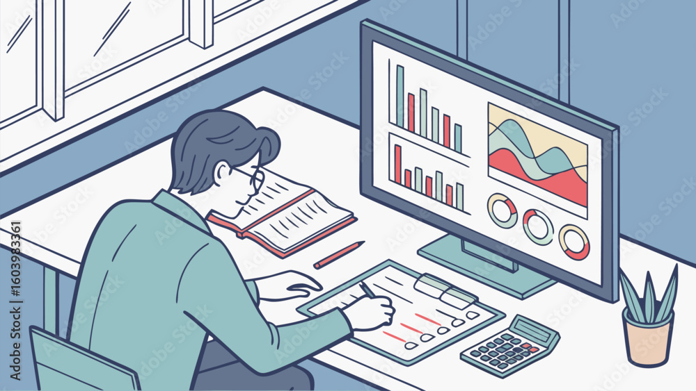 Poster professional analyzing data and creating reports in a modern office setting during the daytime