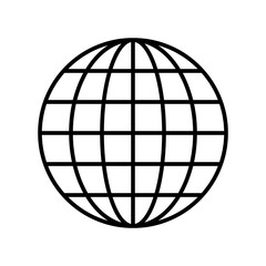 A classic line art icon of a globe or world map, depicting continents and grid lines, representing global communication, travel, or internet