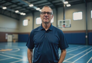 Physical education coach preparing sports equipment in a gymnasium