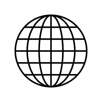A classic line art icon of a globe or world map, depicting continents and grid lines, representing global communication, travel, or internet