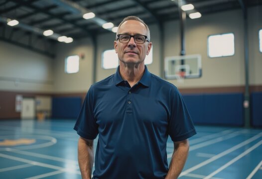 Physical education coach preparing sports equipment in a gymnasium