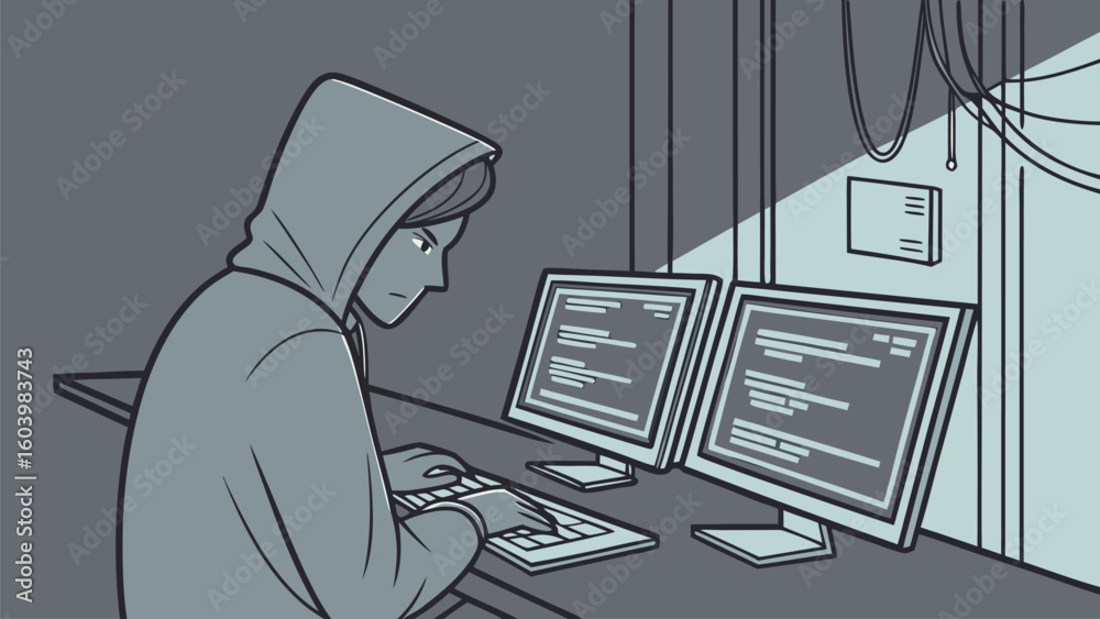 Poster programmer working late at night in a dimly lit room with multiple computer screens displaying code