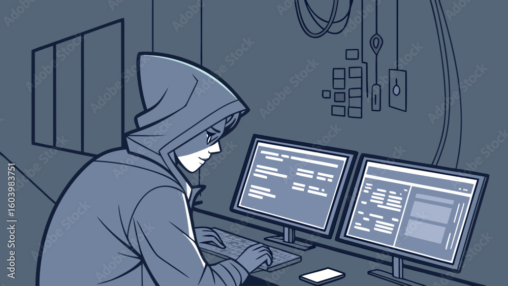 Poster tech-savvy individual works on dual monitors in a dimly lit workspace focused on coding and analysis