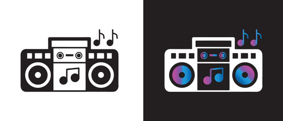 Boombox Icon Set. Black & Colorful Silhouettes with Musical Notes for Retro Audio, Music Branding, and Pop Culture Design.