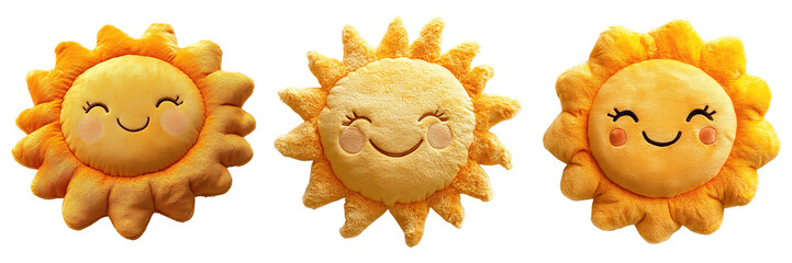 Cute Smiling Sun Plush Toys with Soft Yellow Rays and Adorable Embroidered Faces on Transparent Background
