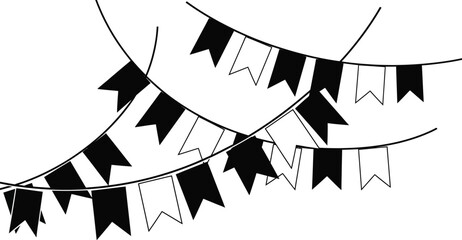 Festive black and white bunting sways gently, creating a celebratory atmosphere with its simple yet elegant design, perfect for party decorations and event themes.