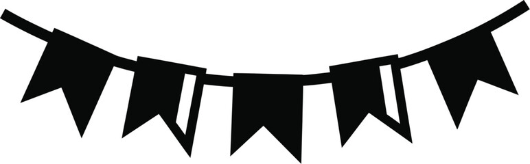 A festive black bunting banner sways gently, its triangular flags creating a celebratory garland perfect for party decorations and event design elements.