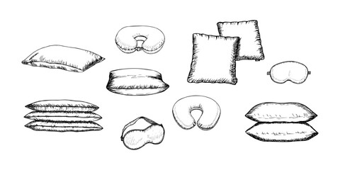 Pillow set sketch drawing in engraving style. Relaxation, sleep, rest, comfort and relax. Bedroom items, comfortable home, hotel decor sketch illustration. Vector line art clipart, isolated © Liia Lonn