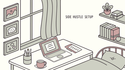 Fototapeta premium Creative workspace for a side hustle featuring a desk, laptop, and cozy decor in a bright, inviting environment