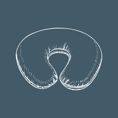 Travel pillow sketch illustration in engraving style. Outline drawing of cushion, travel items, home textiles, bedding elements. Bedroom items, comfortable home, hotel decor. Vector clipart, isolated