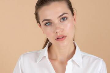 Close-Up Portrait of Russian Girl in White Dress Shirt – Minimalist Background