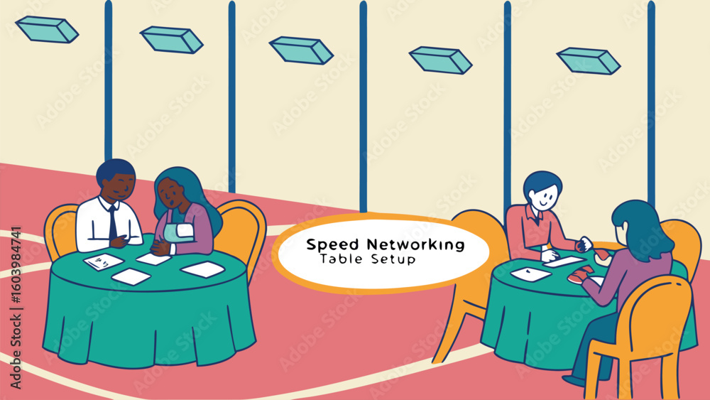 Poster speed networking event showcasing interactive table setup for engaging conversations in a vibrant at