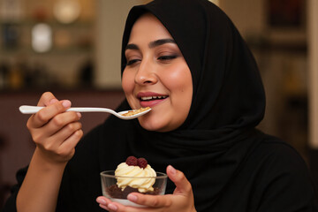 Close-Up Portrait of Arab Woman in Black Abaya Eating Dessert in Restaurant – Cultural Lifestyle Photography