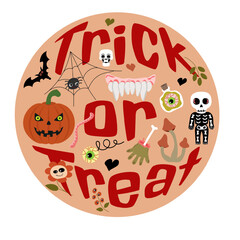 Vector Halloween round illustration with phrase TRICK OR TREAT with pumpkins, ghost, cat in witch hat, eyeballs, candies, bat, text on pink background. Perfect for kids designs, cards ,decorations.