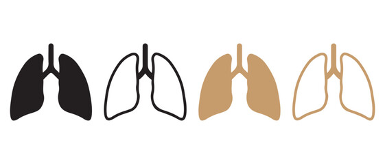 Human Lung Icon Set. Stylized Black and Brown Designs in Solid and Outline Formats for Medical Infographics, Healthcare Branding, and Educational Resources.