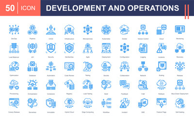 DevOps icon set highlighting CI/CD, automation, cloud, containers, microservices, and incident management. Perfect for software development, infrastructure, deployment, and monitoring projects.