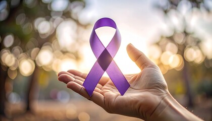 Offering Support: A Purple Awareness Ribbon Gently Held in Palm at Golden Hour.