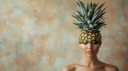 Woman with Pineapple on Head Against Beige Background