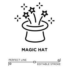 Vector line icon related to magic hat. Perfect Line. Editable Stroke.