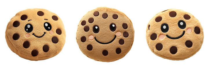 Adorable Smiling Chocolate Chip Cookie Plush Toys with Embroidered Faces and Cheeks on Transparent Background
