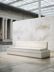 Modern, light-beige stone bench in a grand hall
