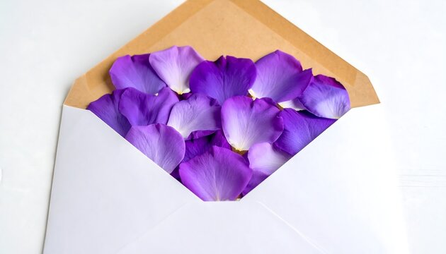 Purple rose petals fill a white envelope