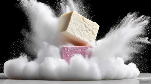 Two blocks of soap are dramatically falling into a cloud of white powder, creating a stunning visual effect with splashes and particles, showcasing the beauty of motion and texture in a creative compo