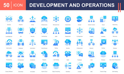 DevOps icon set highlighting CI/CD, automation, cloud, containers, microservices, and incident management. Perfect for software development, infrastructure, deployment, and monitoring projects.