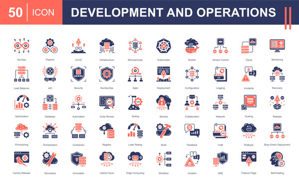 DevOps icon set highlighting CI/CD, automation, cloud, containers, microservices, and incident management. Perfect for software development, infrastructure, deployment, and monitoring projects.