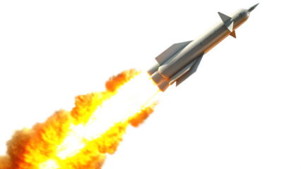 Sleek missile ascending with fiery exhaust isolated on a transparent background rocket