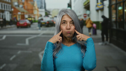 Fototapeta premium Grey-haired senior woman making a playful expression on a busy urban street, showcasing street life with cars and pedestrians in the background.