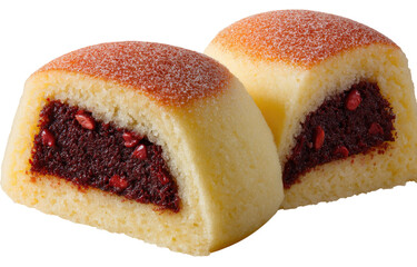 Two halves of a sweet treat,  a light-yellow cake-like pastry.  A dark-red filling is visible within each half, speckled with small red seeds.  A light dusting of sugar is on top