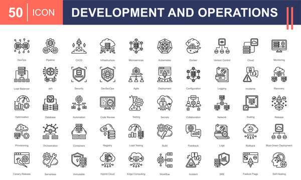DevOps icon set highlighting CI/CD, automation, cloud, containers, microservices, and incident management. Perfect for software development, infrastructure, deployment, and monitoring projects.