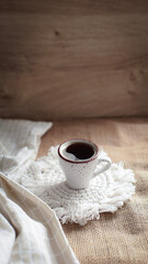 cup of coffee on a simple background, cozy home, notebook and coffee, coffee beans, flatlay, background