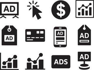 Advertising icons collection with graphs and payment methods display click