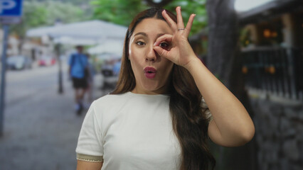 Fototapeta premium Young hispanic woman makes ok sign with hand over eye while standing on bustling city street in daylight; approval.