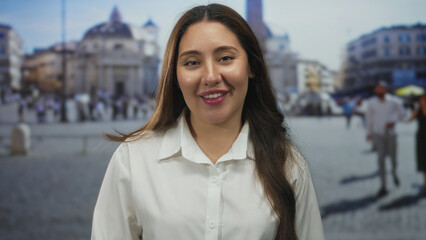 Young hispanic woman crosses arms on sunlit street by saint peters basilica building at busy vatican plaza; denial.