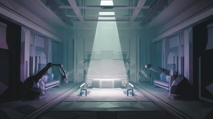 Obraz premium Low Poly Rendering of Futuristic Laboratory Interior with Robotic Arms