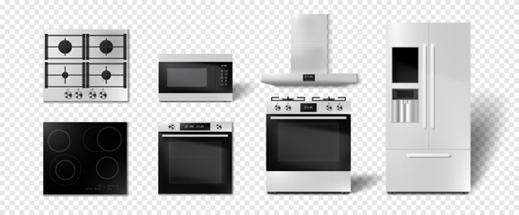 Realistic Kitchen Appliances Set Including Oven, Fridge, Stove, and Microwave on Transparent Background