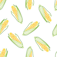 Corn cobs with husks seamless pattern. Hand-drawn vector illustration on white background. Vegetable harvest and farming concept