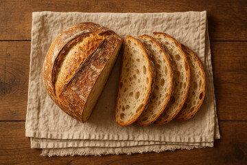 Rustic homemade bread loaf with slices on wooden table, warm natural food photo with organic style
