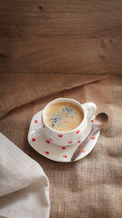 cup of coffee on a simple background, cozy home, notebook and coffee, coffee beans, flatlay, background