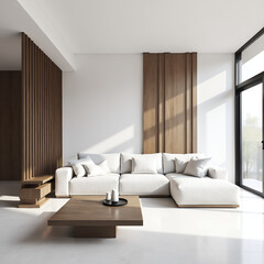 Modern Minimalist White And Black Living Room Interior With Wood Details