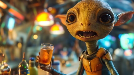 Cheerful Alien Creature Enjoying a Drink in a Futuristic Bar, Sci-Fi, Fun, 3D Render
