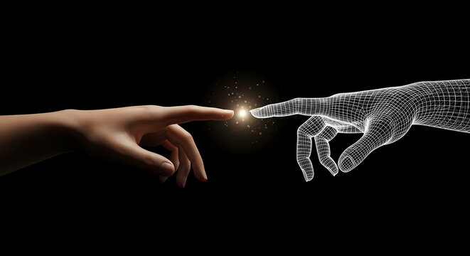 Human Touch vs. Digital Hand: A conceptual image presenting the dichotomy between the physical world and the digital realm, captured with stunning detail and symbolic depth.