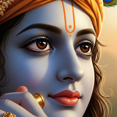 Close-up Portrait of Serene Lord Krishna with Flute

