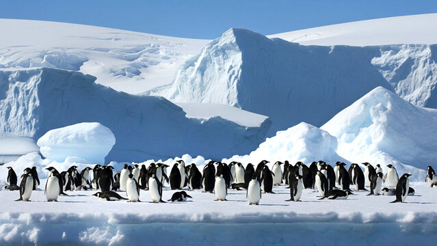 stunning view antarctica landscape with large group of penguins standing on ice land