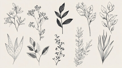 Fototapeta premium Collection of botanical line art drawings featuring various leaf shapes and styles